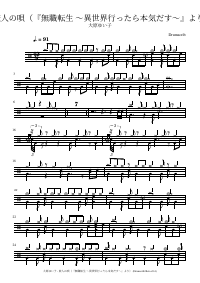 Drum score: 大原ゆい子 - 旅人の唄（『無職転生 ～異世界行ったら本気だす～』より）